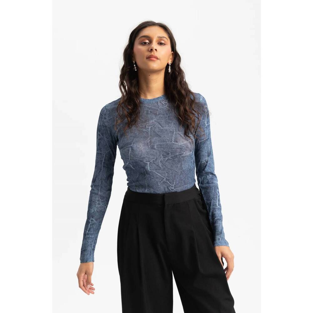 NEW GANNI long sleeve crewneck blouse in denim